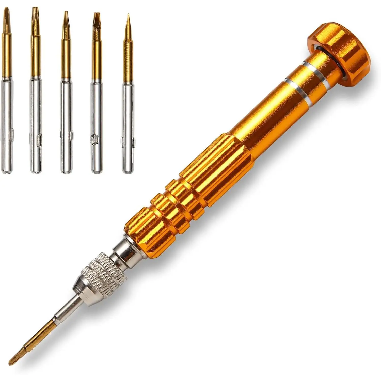 Mini Eyeglass Repair Kit - Pocket Precision Tool with Alloy Grip, Hollow Handle, Rotatable Cover, 5 Interchangeable Bits for Eyewear Fixing, Watch & Small Electronics Repair