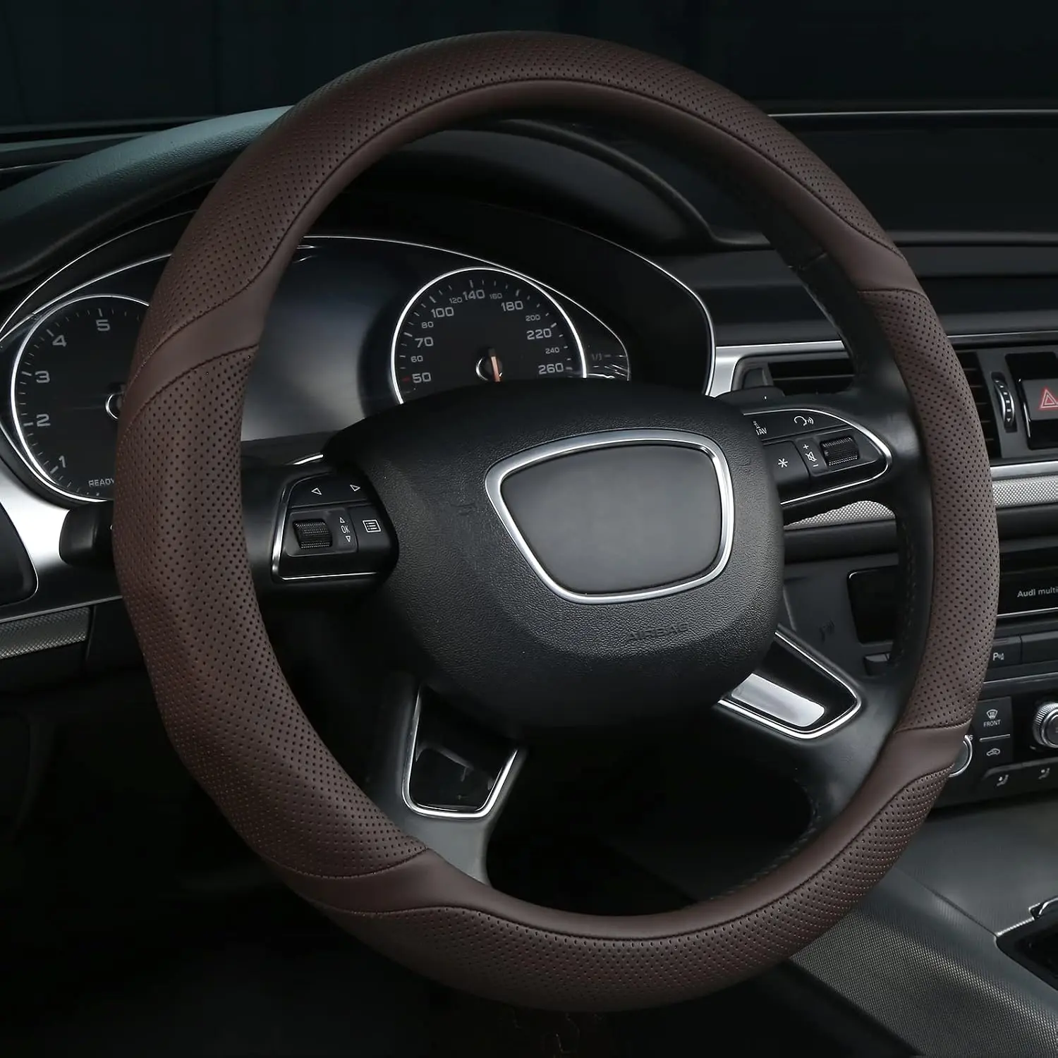 Brown Leather Steering Wheel Cover  15 inch