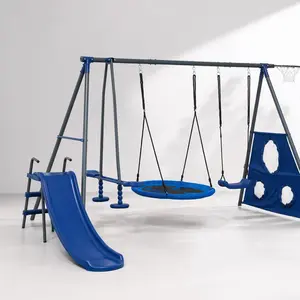 ARCH Heavy Duty 6-in-1 Kids Swing Set with 31.5" Net Swing, 440lb Capacity, Blue Grey, Outdoor Playground for Ages 3+