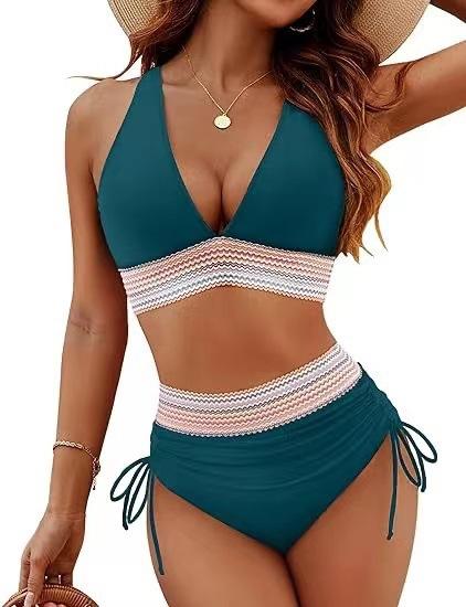 European and American style two-piece swimsuit for women, sexy solid color V-neck tight-fitting backless high-waisted bikini,   women's swimsuit