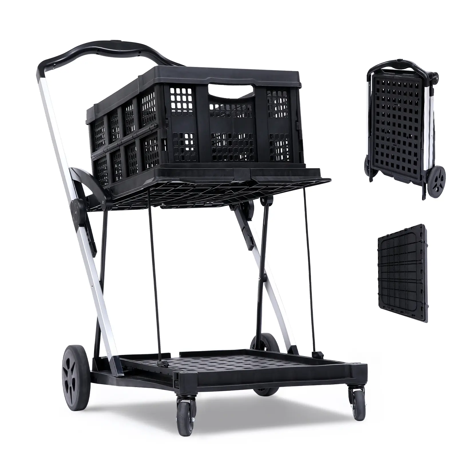 Foldable Wheeled Office Utility Cart, Heavy Duty Collapsible Multipurpose Mobile Organizer Trolley, Portable Black Rolling Storage Cart