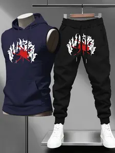 Trendy Men's Summer Pants Set, Zipper Vest Hoodie Set, Casual Gym Wear, Spider Flame Gothic Font, Dark Style