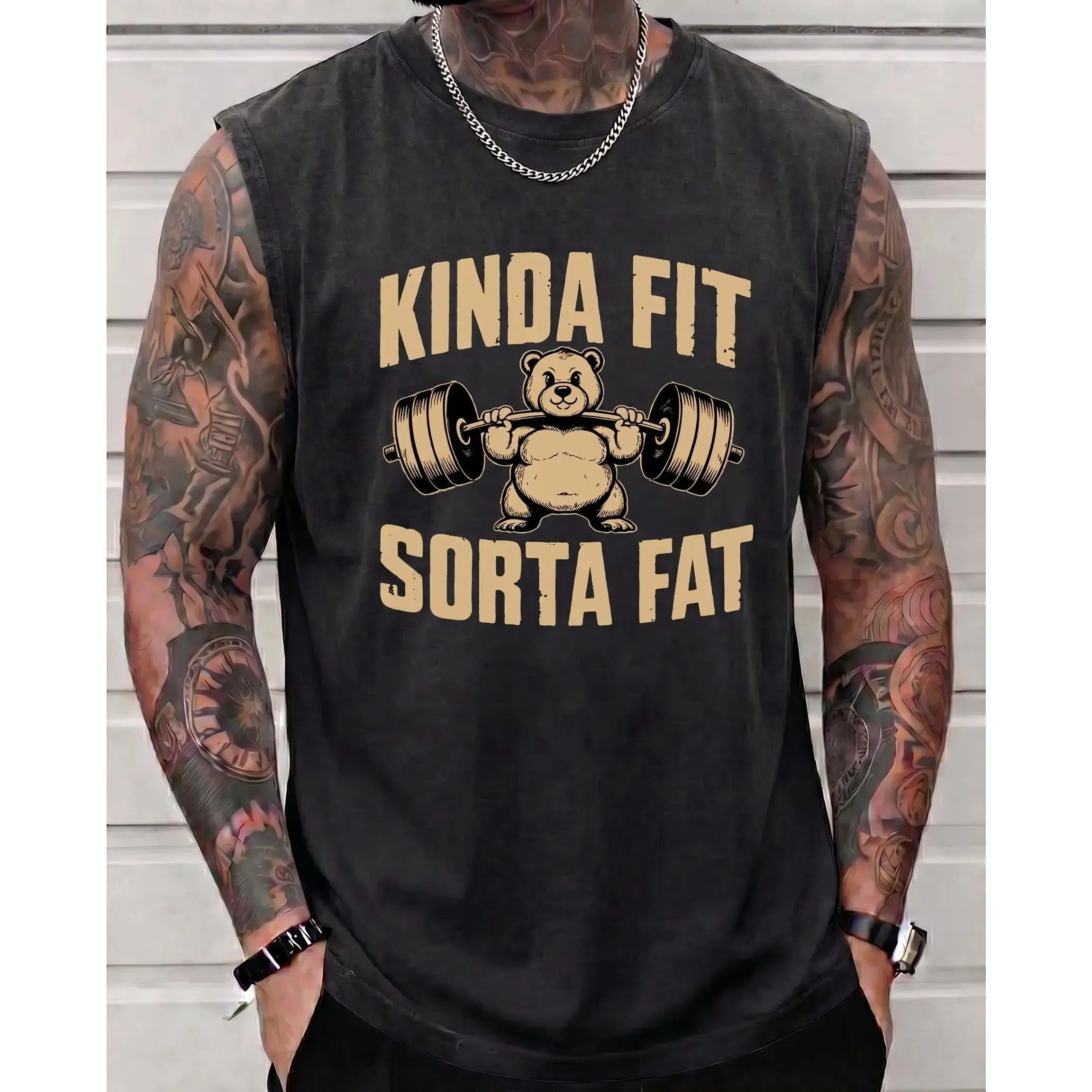 Men's Retro Acid Wash Kinda Fit Sorta Fat Bear Muscle Tank Top - Streetwear Menswear Sleeveless Gym Humor Powerlifting Dad Bod Bulking Workout Top with Quality Fabric Runs Large Size Down