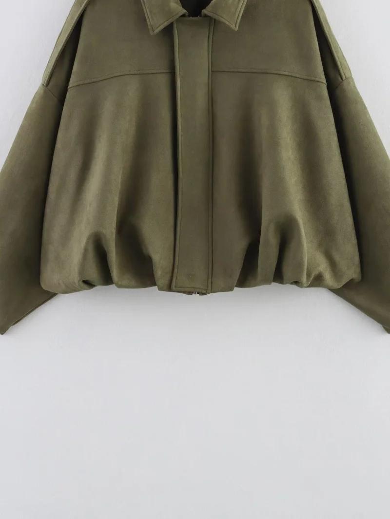 2026 Spring New Women's Suede Texture Effect Loose Fit Fashion Lapel Shoulder Bomber Jacket in Olive Brown & Burgundy