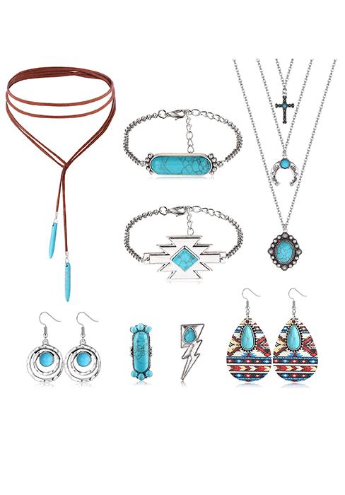 MILACOLATO Western Jewelry For Women Bohemian Turquoise Jewelry Set Turquoise Pendant Choker Necklace Turquoise Faux Leather Cuff Bracelet Turquoise Hoop Dangle Earrings Turquoise Joint Knuckle