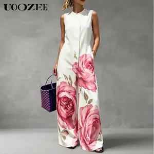 UOOZEE Women's Elegant Large Floral Print Sleeveless Slightly Sheer & Non Elastic Long Jumpsuit, Zip Front Flowy Wide Leg Jumpsuit with Side Pockets, Size Up for Full Bust, Tall Length Note for Petites, Resort Wedding Guest Outfit