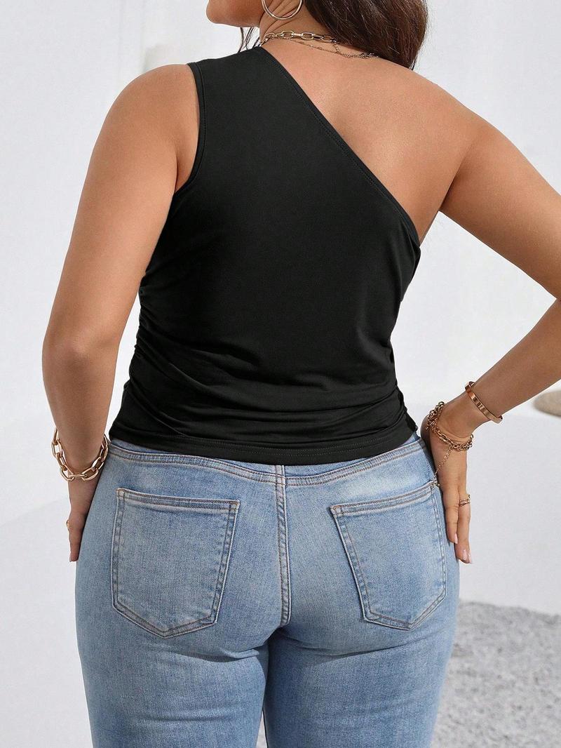 【Plus Size】 Solid Ruched One Shoulder Tank Top, Casual Asymmetrical Hem Sleeveless Top for Daily Wear, Women Plus Clothing for All Seasons, Asymmetrical Hem Cami