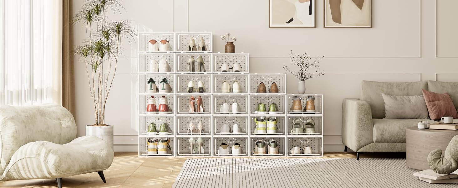 15-Pack Extra Large Shoe Storage Boxes Suitable for Size 12, Shoe Organizer for Wardrobe Transparent Plastic Stackable Shoe Display Boxes Storage Bins Suitable for Sneaker Enthusiasts Sneaker Storage Boxes White
