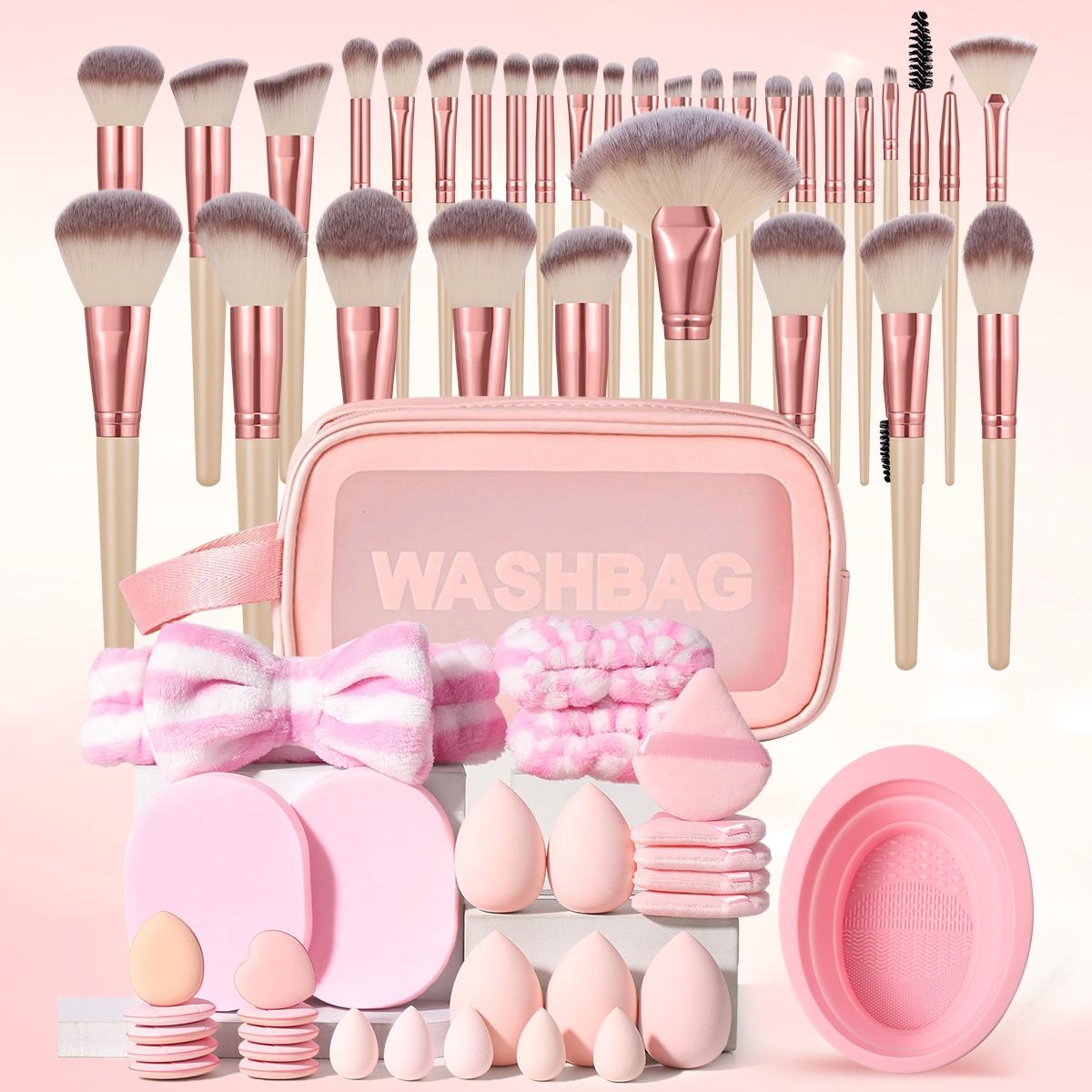 Makeup Tool, 64pcs/set Brushes & Sponges & Triangle Powder Puff & Finger Powder Puff & Headband & Wrist Band & Face Washing Puff & Cleaning Bowl & Bag Makeup Brush Kit