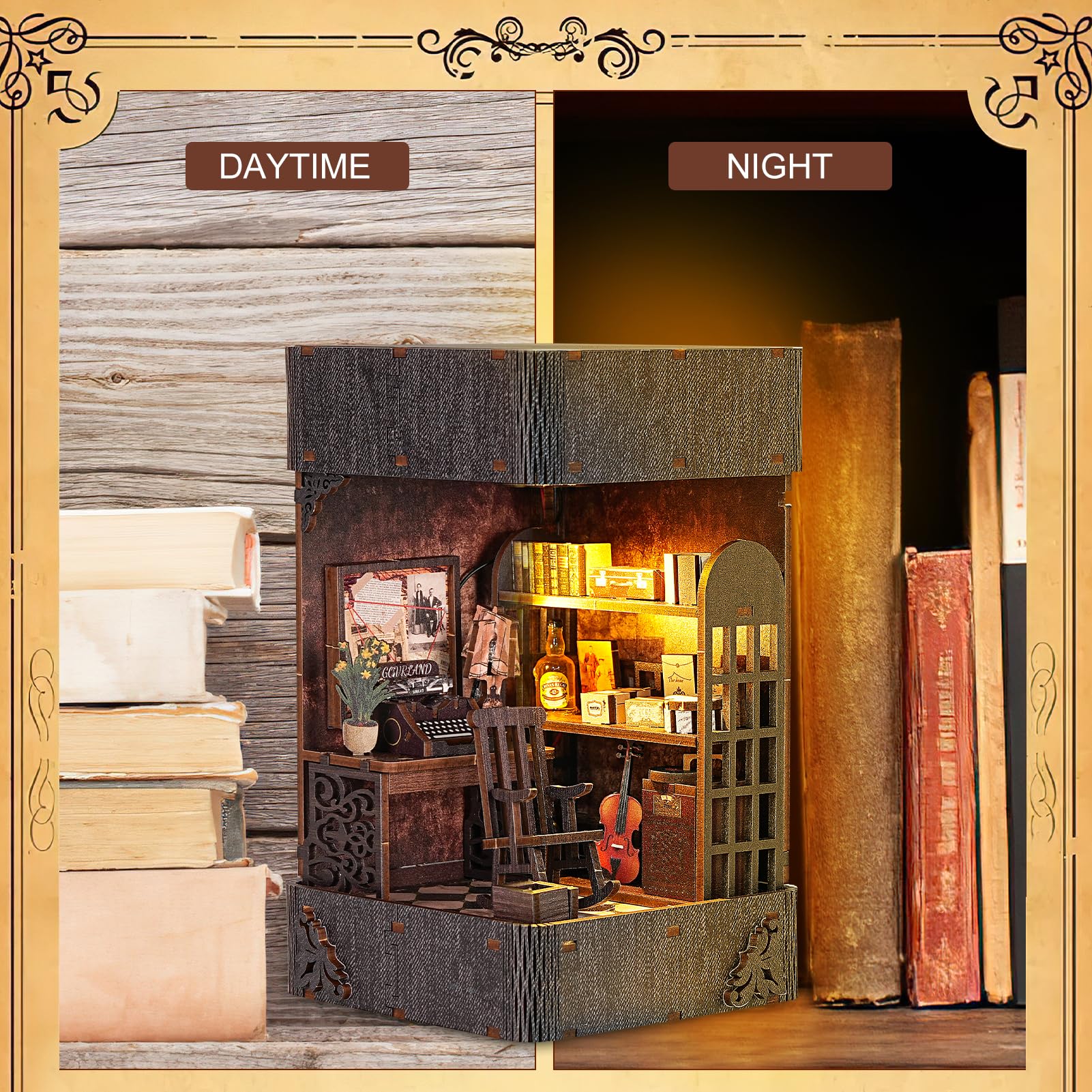 DIY 3D Wooden Puzzle Vintage Handcrafted Book Nook Kit, Handmade Book Stand Model for Shelf Decor, Unique Birthday and Holiday Gift Idea