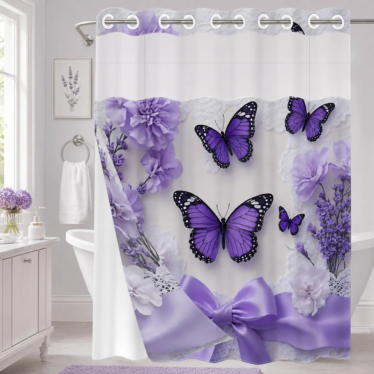 1Pc Hookless Double Layer Shower Curtain, Purple Butterfly Floral Lace Bow Print, Elegant Feminine Bathroom Makeover Decor Curtain, Water Repellent Washable Fabric, Removable Snap-in Liner, Top See-Through Window, For Apartment, Hotel, Guest Bath