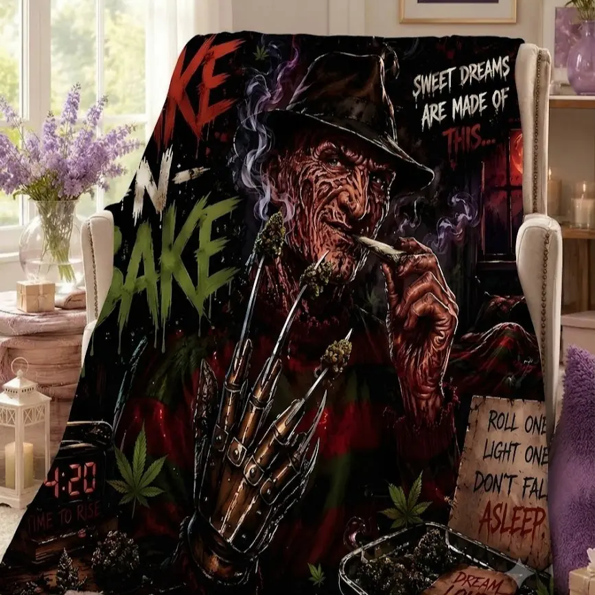 Wake-N-Bake Freddy Print Flannel Blanket, Nightmare Alley Classic Character Throw, Horror Fan Home Sofa Nap Car Multi-Use Blanket