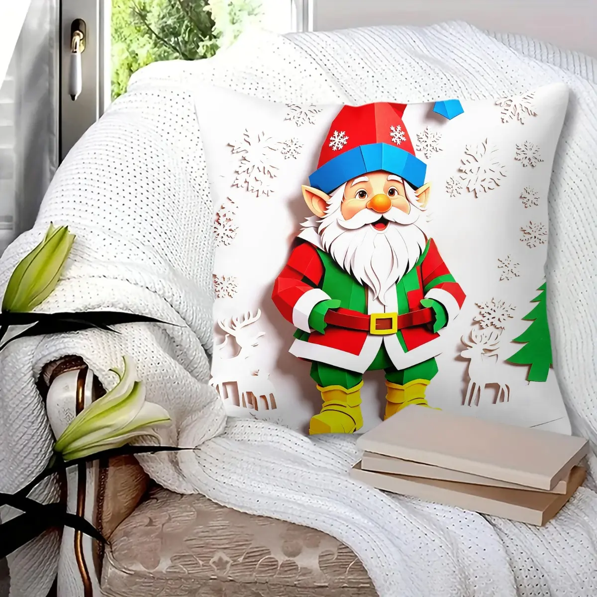 1pc hug pillow, Christmas gnome themed decorative throw pillow, winter holiday festive snowflake reindeer pattern, soft cozy breathable, fade-resistant, wrinkle-free, durable, machine washable, ideal for sofa couch bedroom living room, easy care