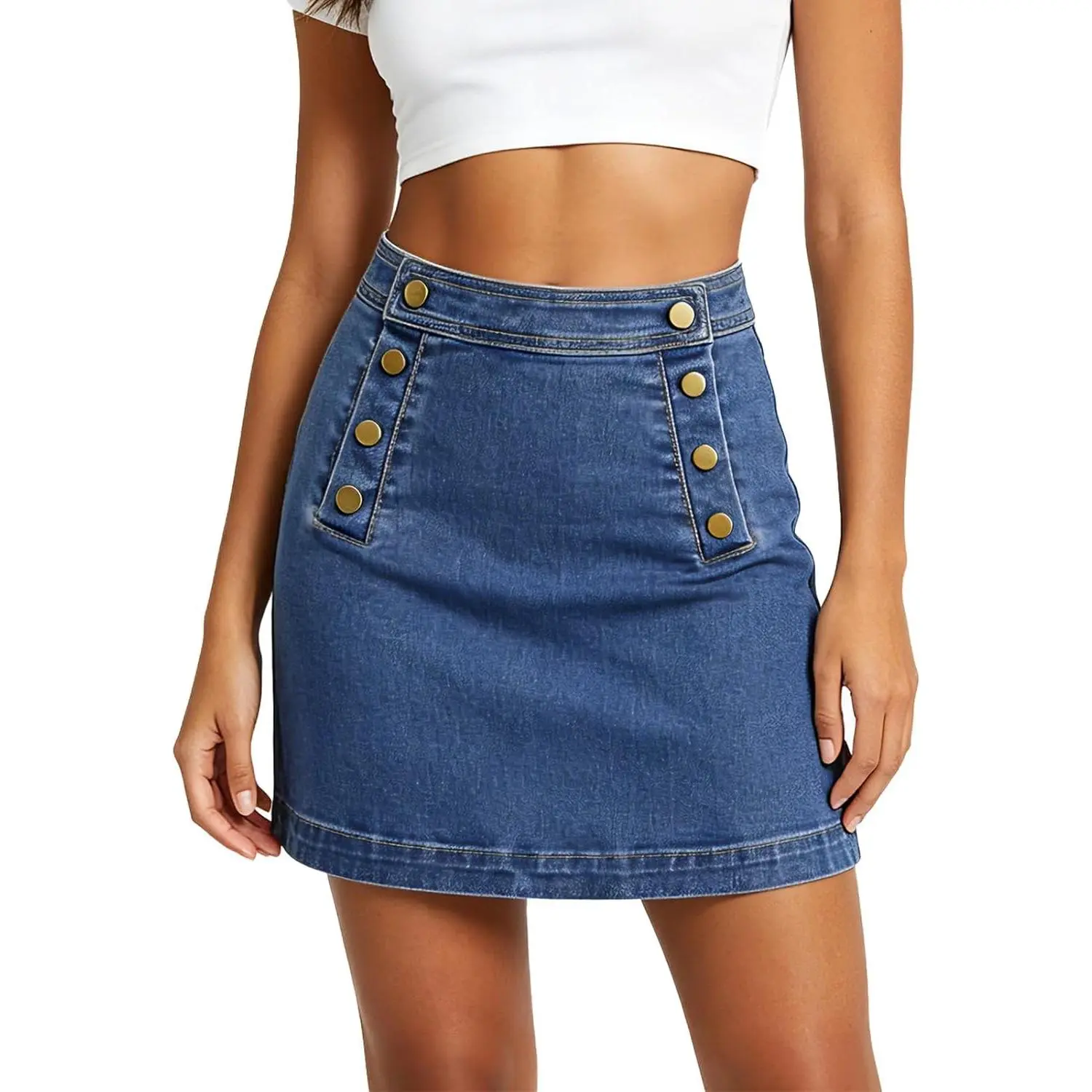 Jean Skirts for Women Denim Mini Skirt | High Waisted, Sailor Style, Button-Front, Back Patch Pockets, Short Skirt for Concert, casual outings
