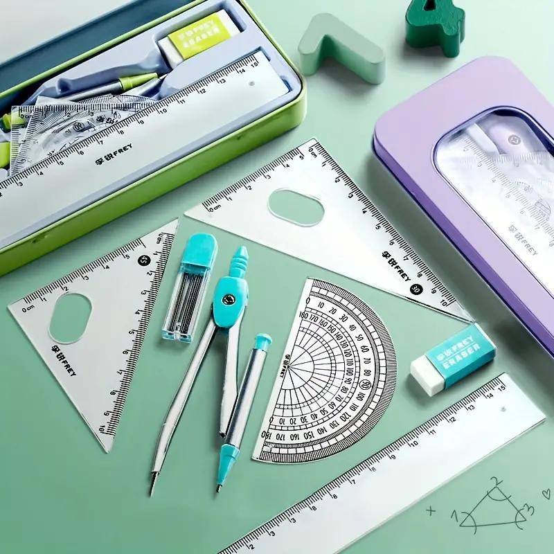 Ruler Set with Storage Box, Measuring Ruler, 7 Counts/set Including Compass & Ruler & Protractor & Eraser & Refill, Stationery Supplies for School Students Dormitory Home Office