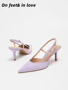 Women's Pearlescent Satin Pointed Toe Double Strap Slingback Heels, 2 Colors Lavender Purple/Baby Blue Adjustable Buckle Kitten Heel Pumps, Elegant Office Date Night Party Wedding Bridal Daily Shoes