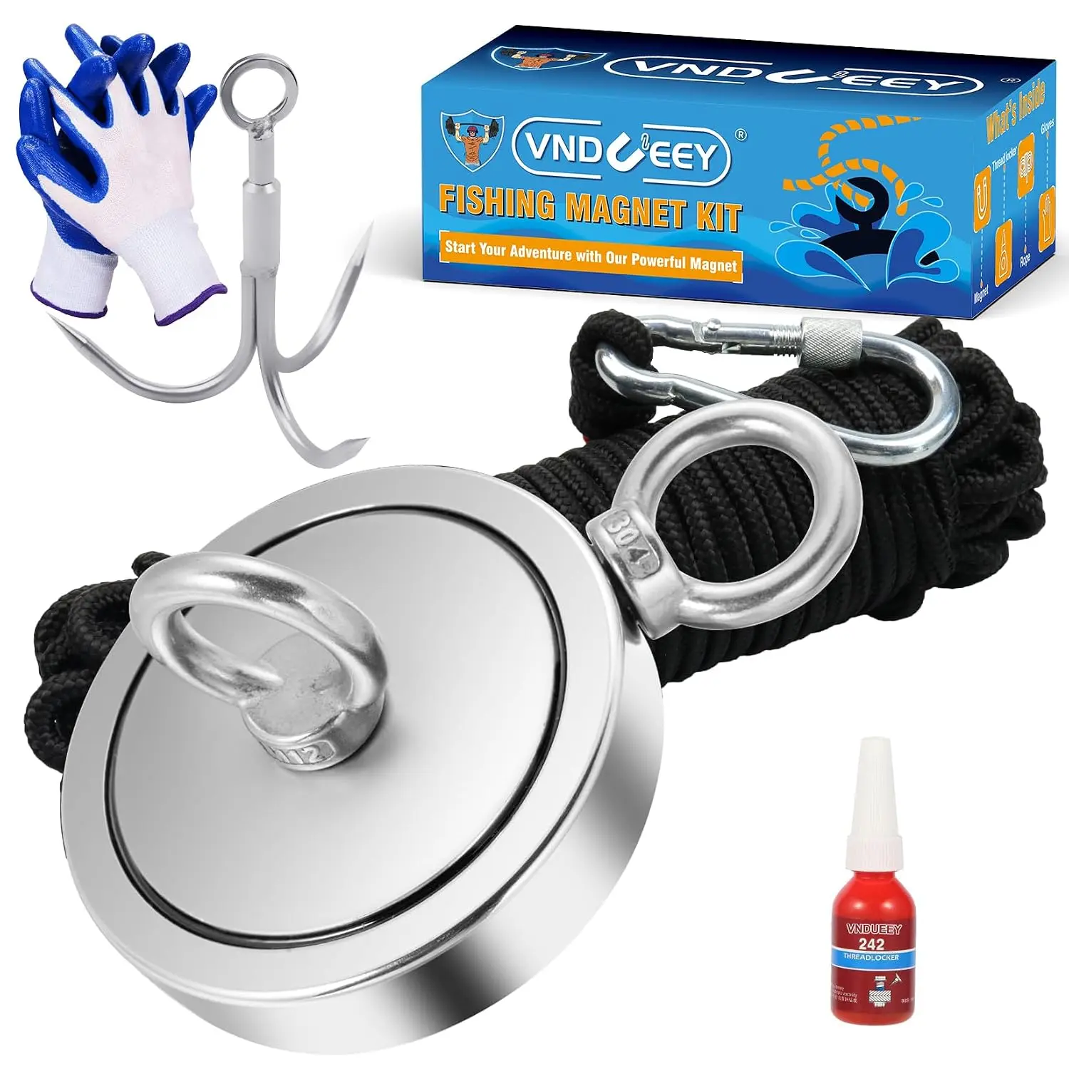 2625LBS Magnet Fishing Kit, 4.57" Hole Fishing Magnet Kit with Rope, Magnets for Retrieving in Lake Beach and Lawn, Includes 65Ft Rope, Carabiner, Gloves, Grappling Hook