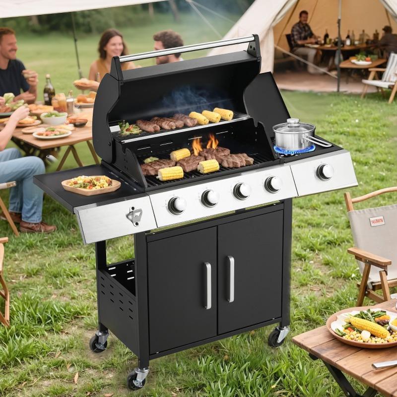 Outdoor 4-Burner Propane Gas Grill - Built-In Side Burner for Extra Cooking Space, Perfect for Grilling Meats, Veggies & Sides, BBQ Must-Have
