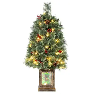 3ft Pre-Lit Artificial Christmas Pine Tree, 110 Branch Tips, 70 Warm White LEDs, 16 Pinecones & 16 Red Berries, Mixed Pine Needles, Classic Pot