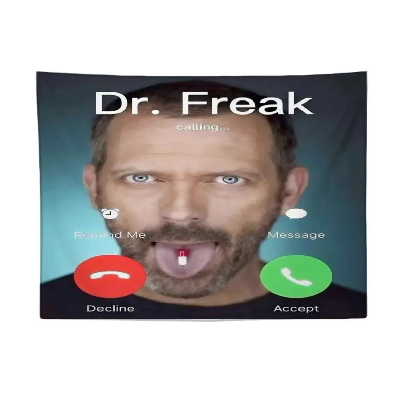 Funny Dr House Freak Calling Print Tapestry Hugh Laurie Eating Pill Meme Photo Wall Hanging Hilarious Medical Drama Gag Gift Living Room Wall Decor College Dorm Background Banner