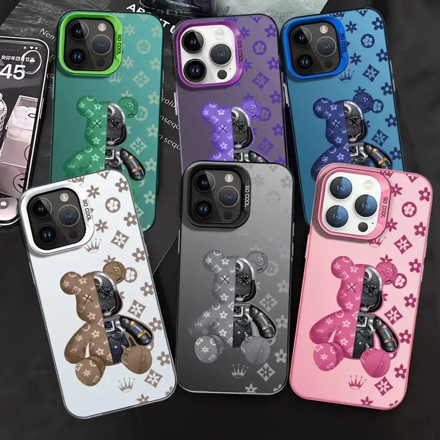 Fashion Cute R-Robert Bear Protective Phone Casing for iPhone 17 ProMax, 16, 15, 14, 13, 12, 11, Mini, Pro, Air - Anti-Fall, Transparent, Shockproof Soft Back Cover