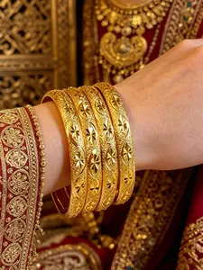 Women's 4-Piece Dubai Style Gold Plated Starry Sky Bracelet Set, Vintage Floral Carved 24k Gold Wide Copper Bracelets, Stacking Bangle Bracelet, Daily Wear