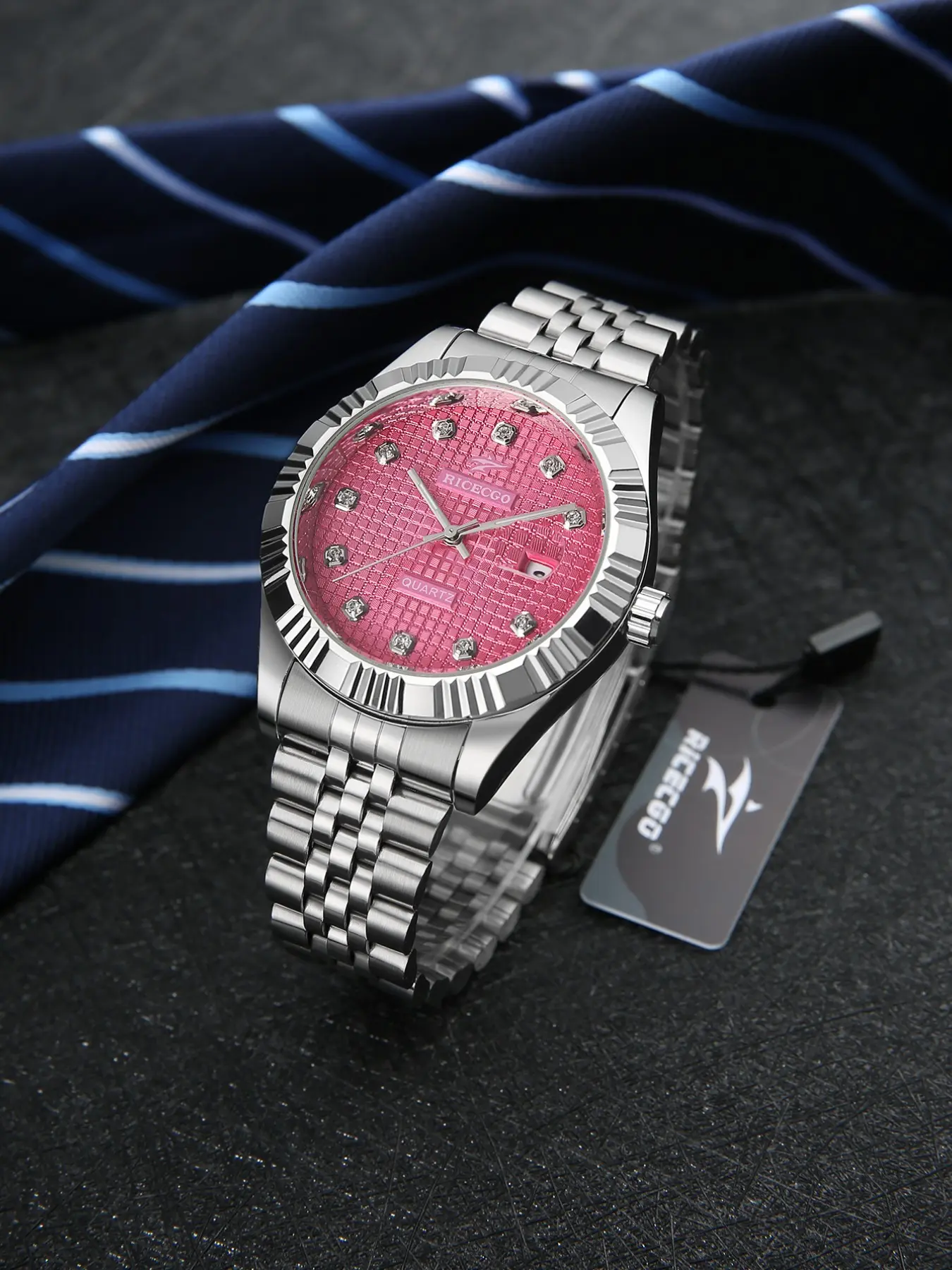 Men's Quartz Watch - Stainless Steel Bracelet Fashion Casual Watch, Diamond-Adorned Date Display Business Style Watch, Suitable for Daily Wear or Gift Giving