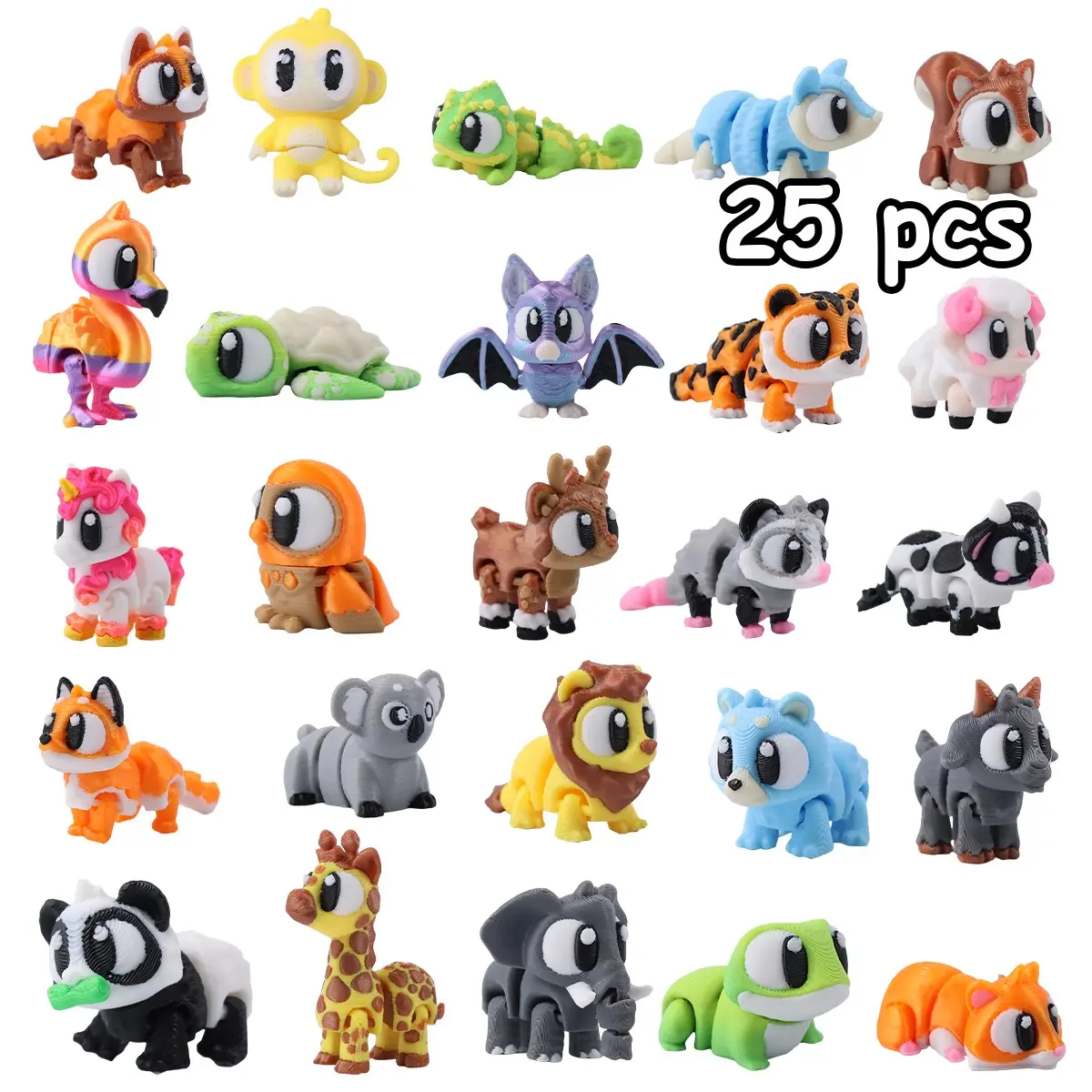 25 Piece Set 3D Printed Multi-Jointed Large Eye Animal Figurines, Cartoon Large Eye Movable Forest Wildlife Set, Colorful Cute Desktop Decorations, Trendy Desktop Ornaments