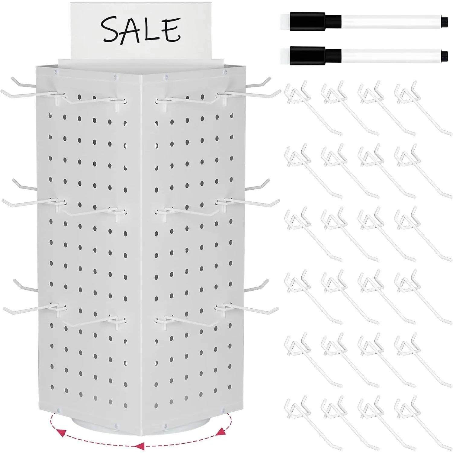 Rotating Pegboard Display Stand With 24 Hooks,Spinning Peg Board Displays,Tabletop Metal Pegboard Shelf for Craft Shows & Fairs, Retail Stores, Vendors Arts and Crafts (White)