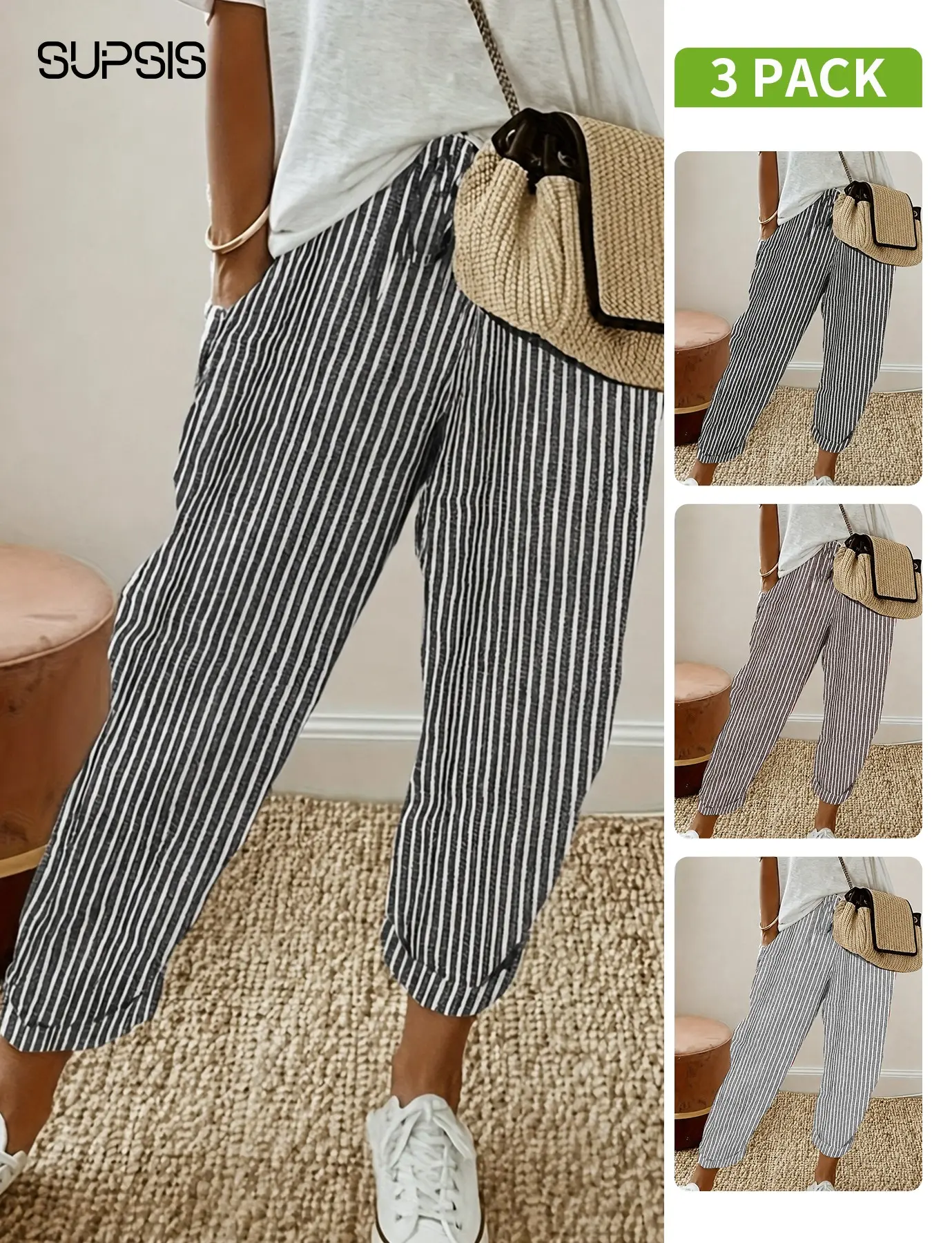 2026 Women's Striped Cropped Jogger Pants, Athleisure Casual Bottoms, High Waist with Drawstring, SidePockets, Cuffed Ankle Hem, Breathable Lightweight Fabric，summervibe