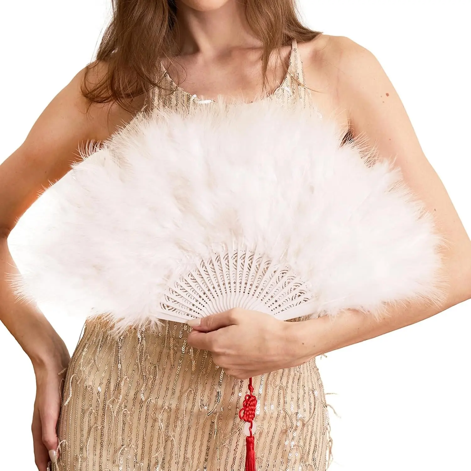 Feathered Handheld Marabou Fan - 1920s Vintage Flapper Style, White Light Hollow Plastic Metal Accessory, Ideal for Costume Party & Dancing (Home & Bathroom Supplies Complement)