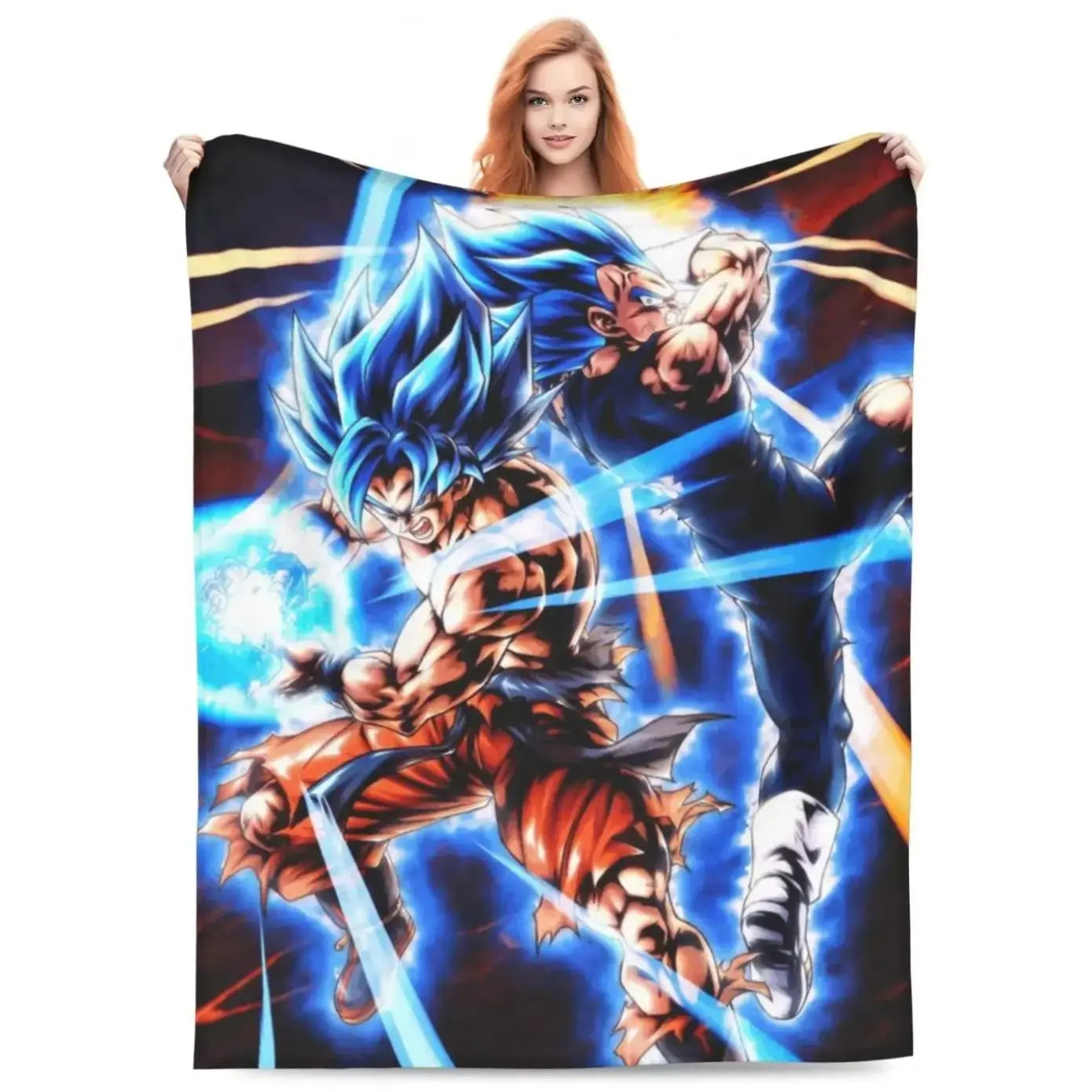 Son Anime Flannel Throw Blanket, Soft Warm Cozy Couch Travel Blanket for Living Room Dorm Gaming Setup, Gift for Adults and Children, Teens, Kid  Super Saiyan Warrior Character Print Blanket, All Season Napping Sofa Camping Fan Decor Bedding Blanket