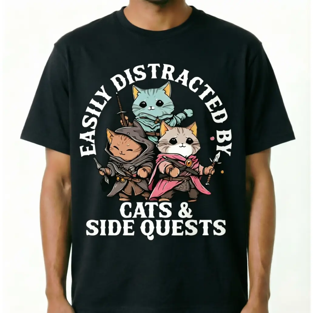 Unisex Cats Side Quest Distracted Tabletop Funny Men Women Kids Dad Cotton T-Shirt Funny RPG Gamer Graphic Tee DND Lovers Gift Retro Fantasy Adventure Cat Apparel Harajuku Streetwear printed Top Summervibes grsphic tshirt lover🔥🔥
