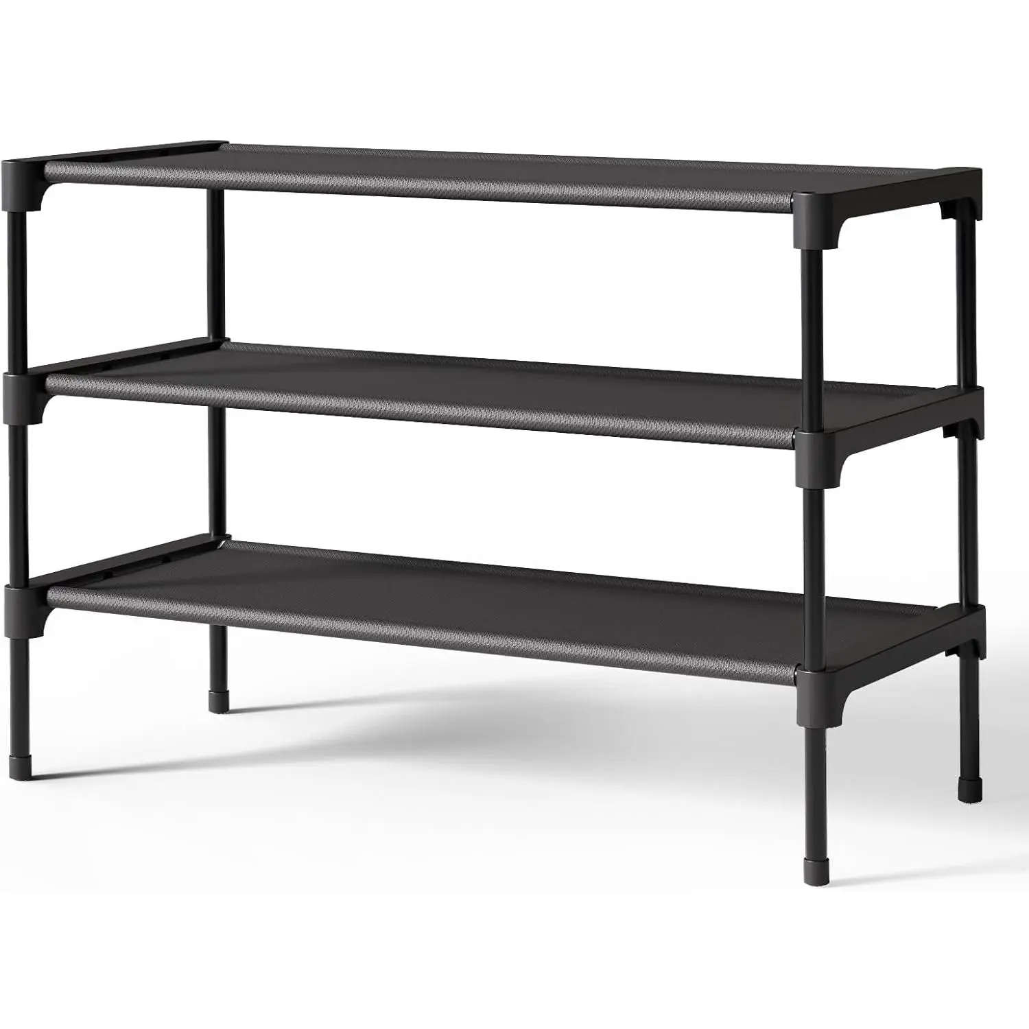 Metal Shoe Storage Organizer - Non-Woven Stackable Shelf, 3-Tier 27.5" Wide, Stack 2+ Racks, Garage/Closet Fit Storage Solution