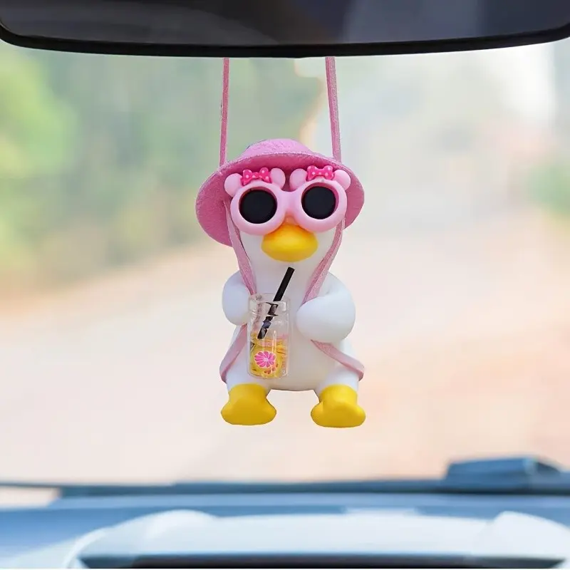 Cute Wobble Duck Car Rearview Mirror Pendant With Pink Hat Hanging Auto Interior Ornament Gift for Women Men Kids Fun Car Accessories