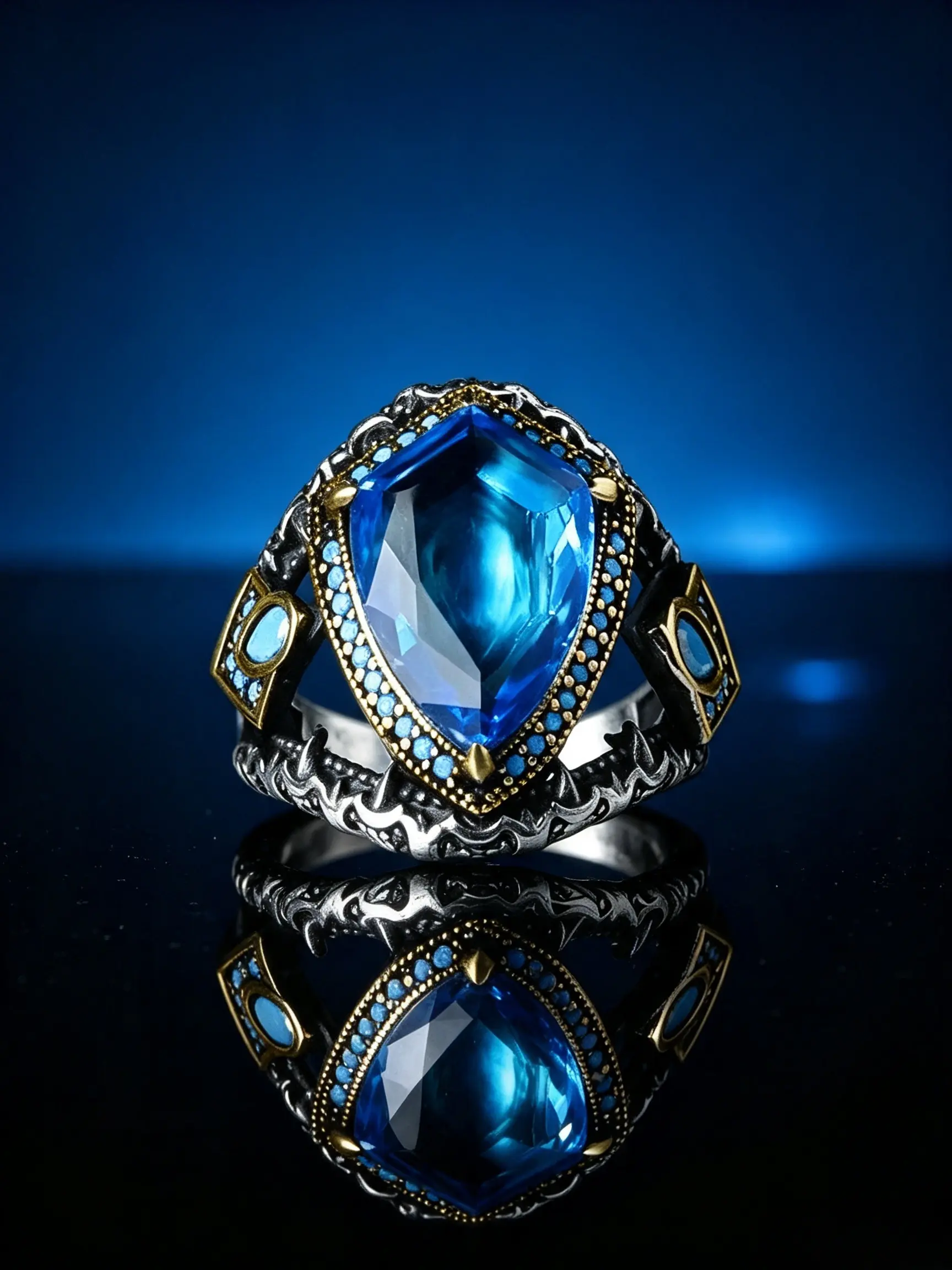 Vintage Two-Tone Palace Style Women's Ring, Triangle Ocean Blue Main Stone With Turquoise Accent Stones, Engraved Hollow Band, Hypoallergenic Retro Ethnic Statement Jewelry, Ideal For Dinner Vacation Daily Party Wear, Gift For Women