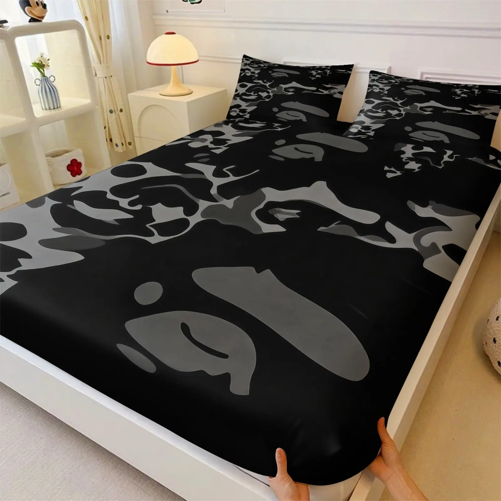 Camouflage Ape Head Printed Pattern Bed Sheet Set, Fashionable Camouflage Bedding Decoration, 1 Bed Sheet With 2 Pillowcases (Excluding Pillow Core), Suitable For Bedroom, Suitable As a Gift