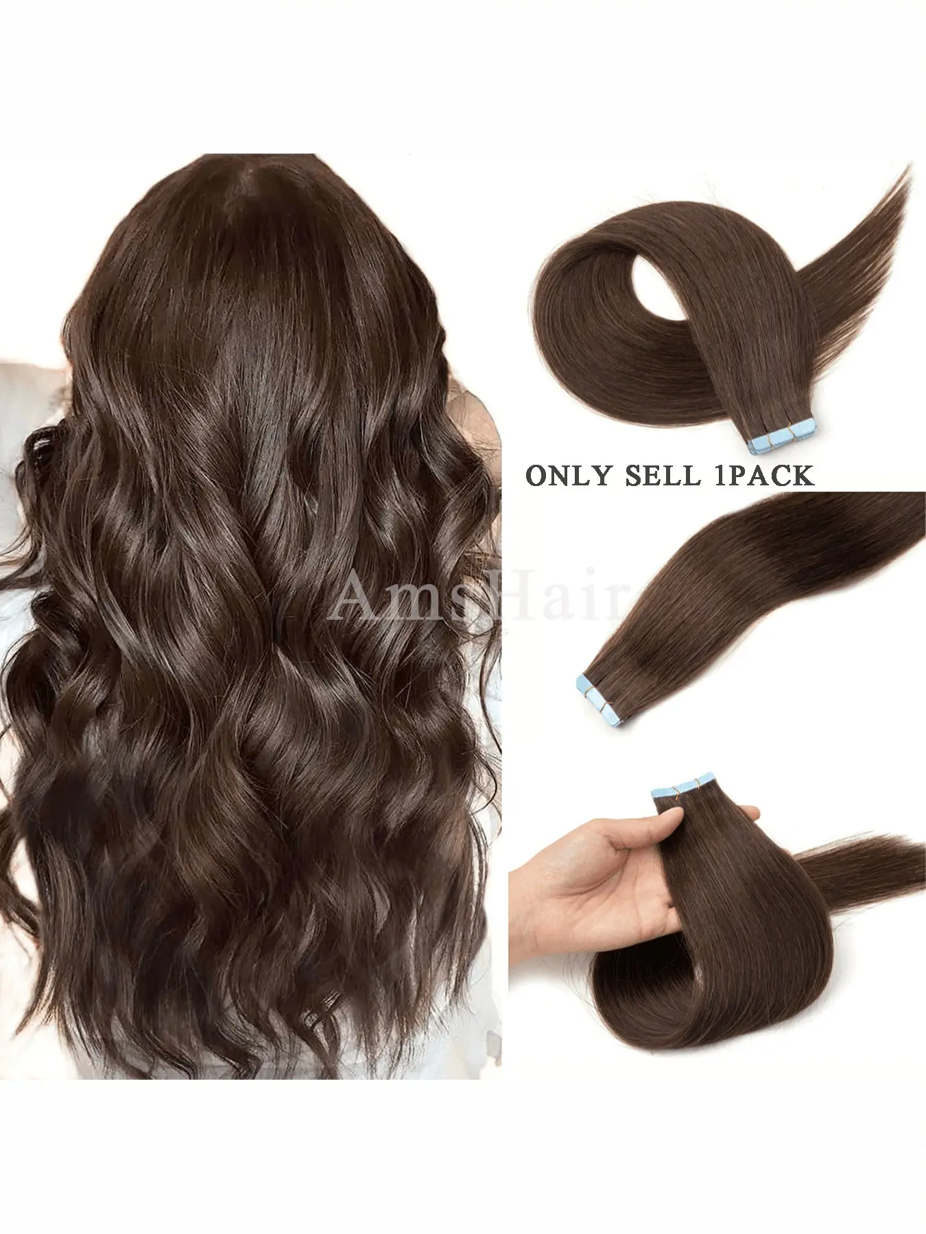 Chocolate Real Human Hair Tape-In Extensions, European Grade Remy Straight Hair, Invisible Tape, Add Volume and Length, 20 Pieces