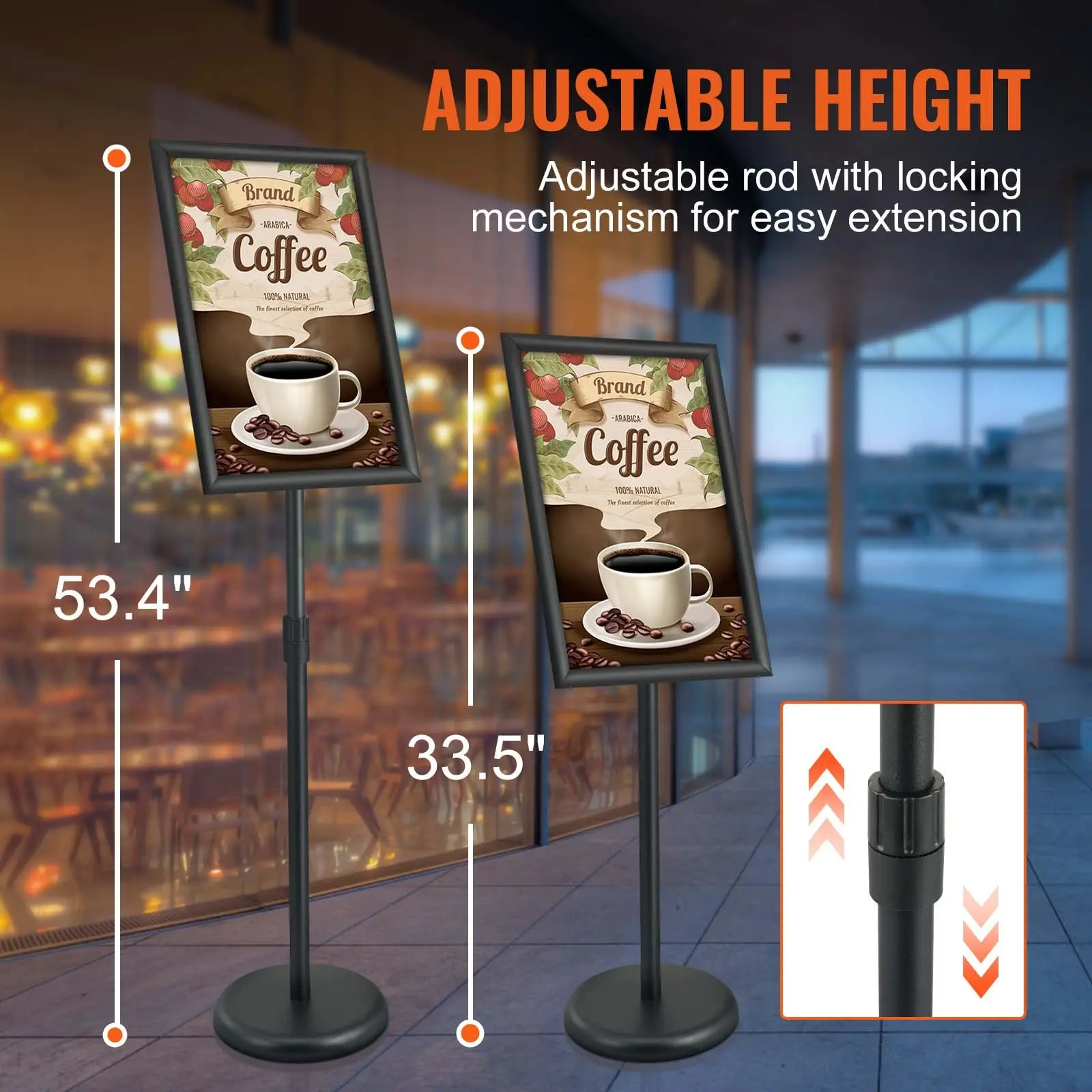 VEVOR Black Pedestal Sign Holder, 11x17 in Vertical/Horizontal Adjustable Poster Stand, Heavy-Duty Floor-Standing Holder with Round Base, Adjustable Height, 18.3x12.2x2.0 in, 4.1 lbs, 53.4x18.0x9.8 in for Display & Advertisement, 11 X 17 Inches