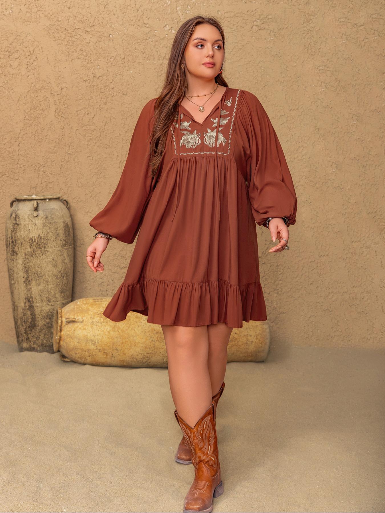 [Plus Size] Floral Embroidery Tie Neck Dress, Boho Embroidered Bishop Sleeve Long Sleeve Woven Casual Wear Dress for Fall & Winter, Women's Clothes for Vacation Holiday, Bohemian, Womenswear, Casual Loose Dress