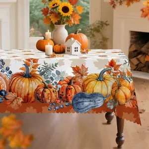 2D Flat Party Tablecloth 1pc, Pumpkin Maple Leaf Autumn Berry Dwarf Tablecloth, Rectangular Dining Table, Thanksgiving Fall Decor, Indoor Outdoor Kitchen
