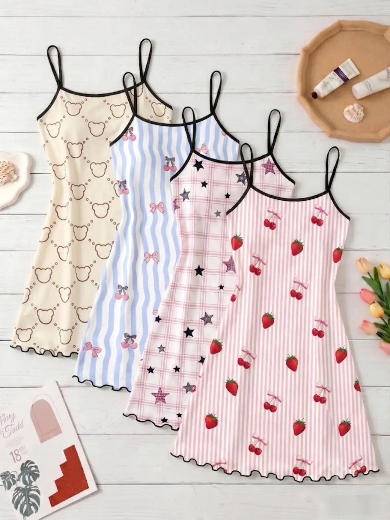 4 Pack Viral 2026 Trending Best Seller Women's Sleepwear Cute Bear Strawberry Cherry Plaid Stripe Print Summer Spaghetti Strap Ruffle Hem Ultra Soft Loose Slip Dress Lightweight Comfy Breathable Casual Nightgown for Daily Wear