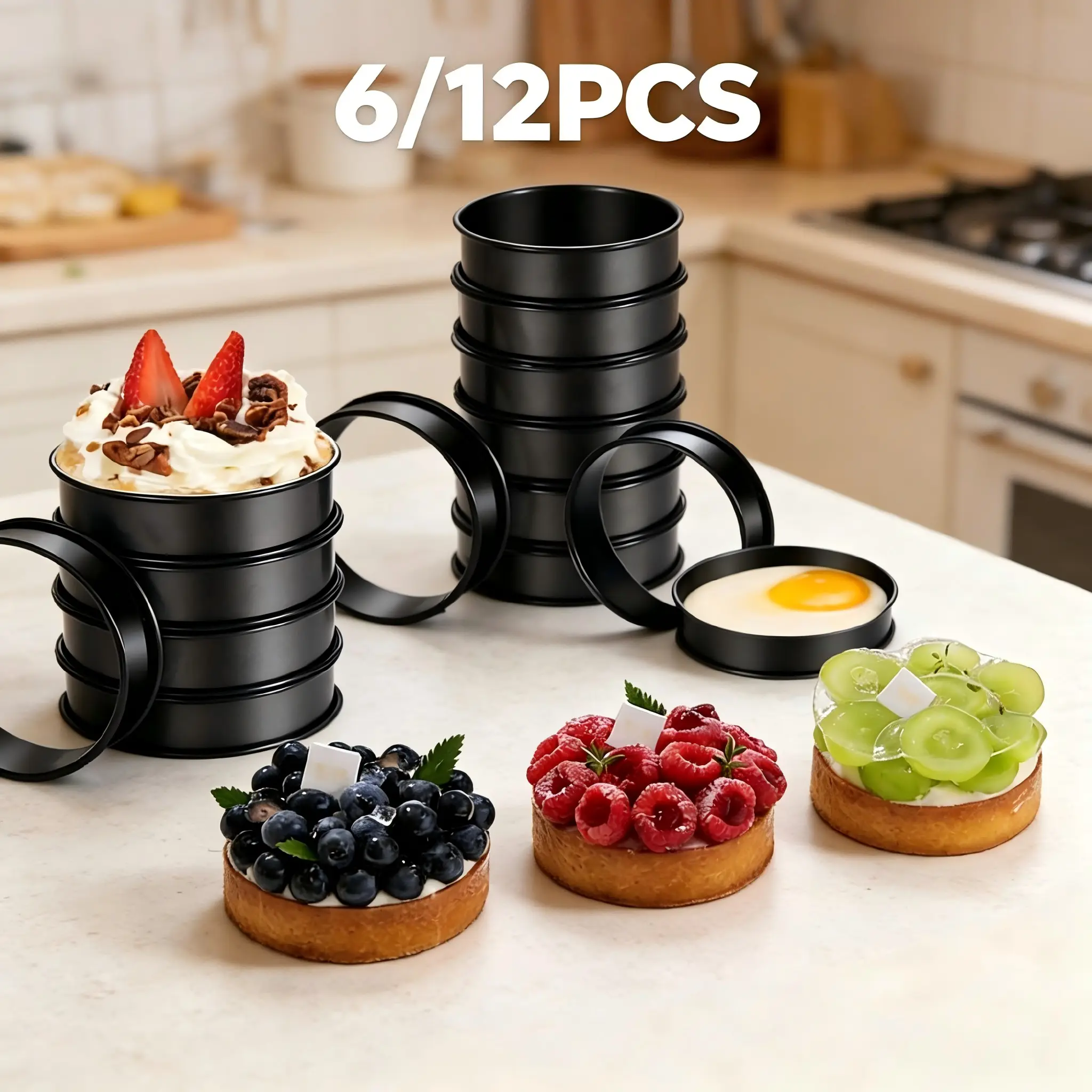 6/12PCS English Muffin Crumpet Rings Set, Food Grade Stainless Steel Nonstick, Double Rolled Round Tart Rings, For Pancakes Pastry Home Baking, Baking Essentials, Dishwasher Safe, Baking Tools Accessories, Baking Utensils Supplies