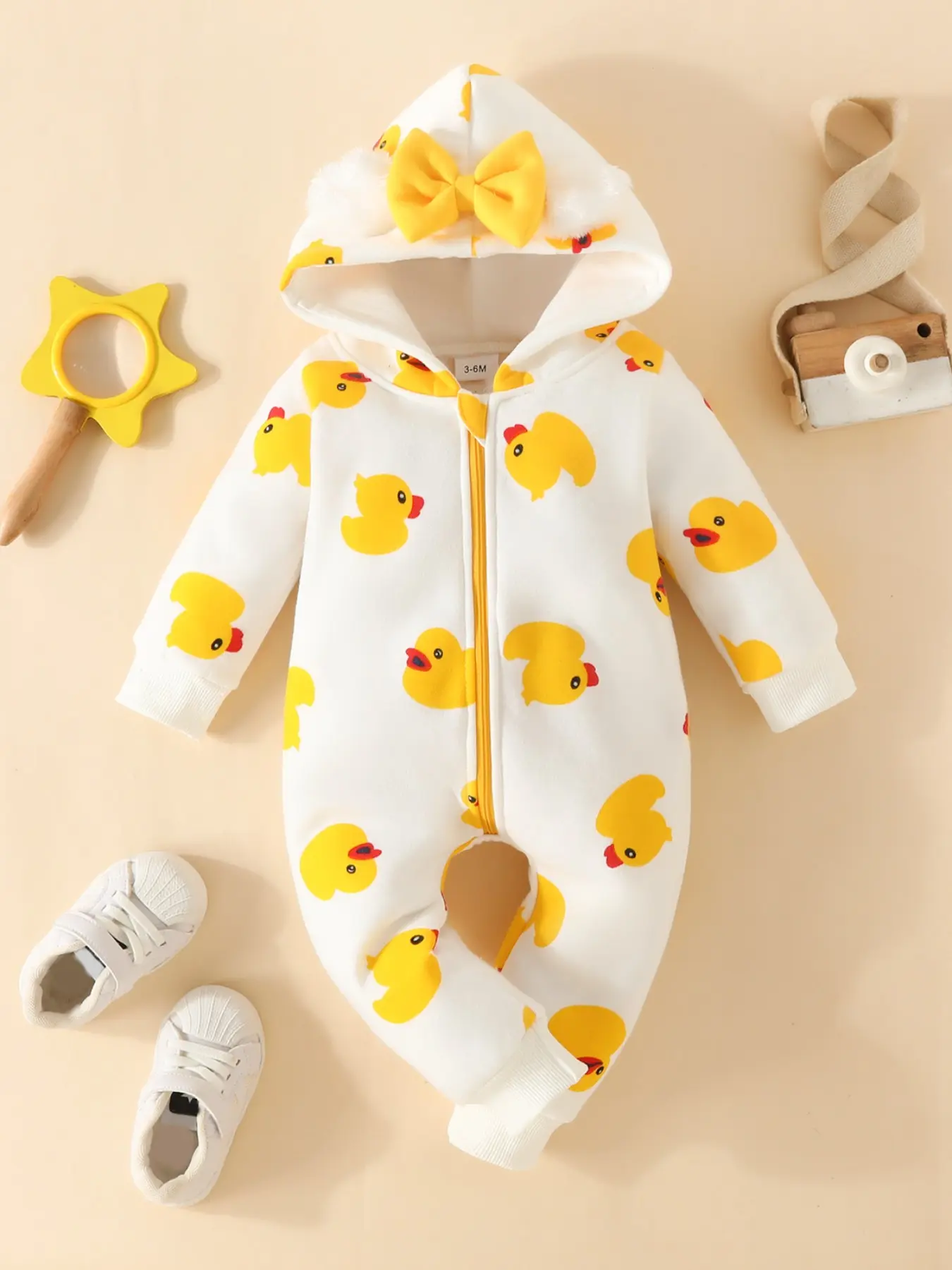 Adorable Duck Pattern Sweatshirt Fabric Outerwear Bodysuit, Long Sleeve Full-Length Zipper Onesie, Cute Fall Slim-Fit Style