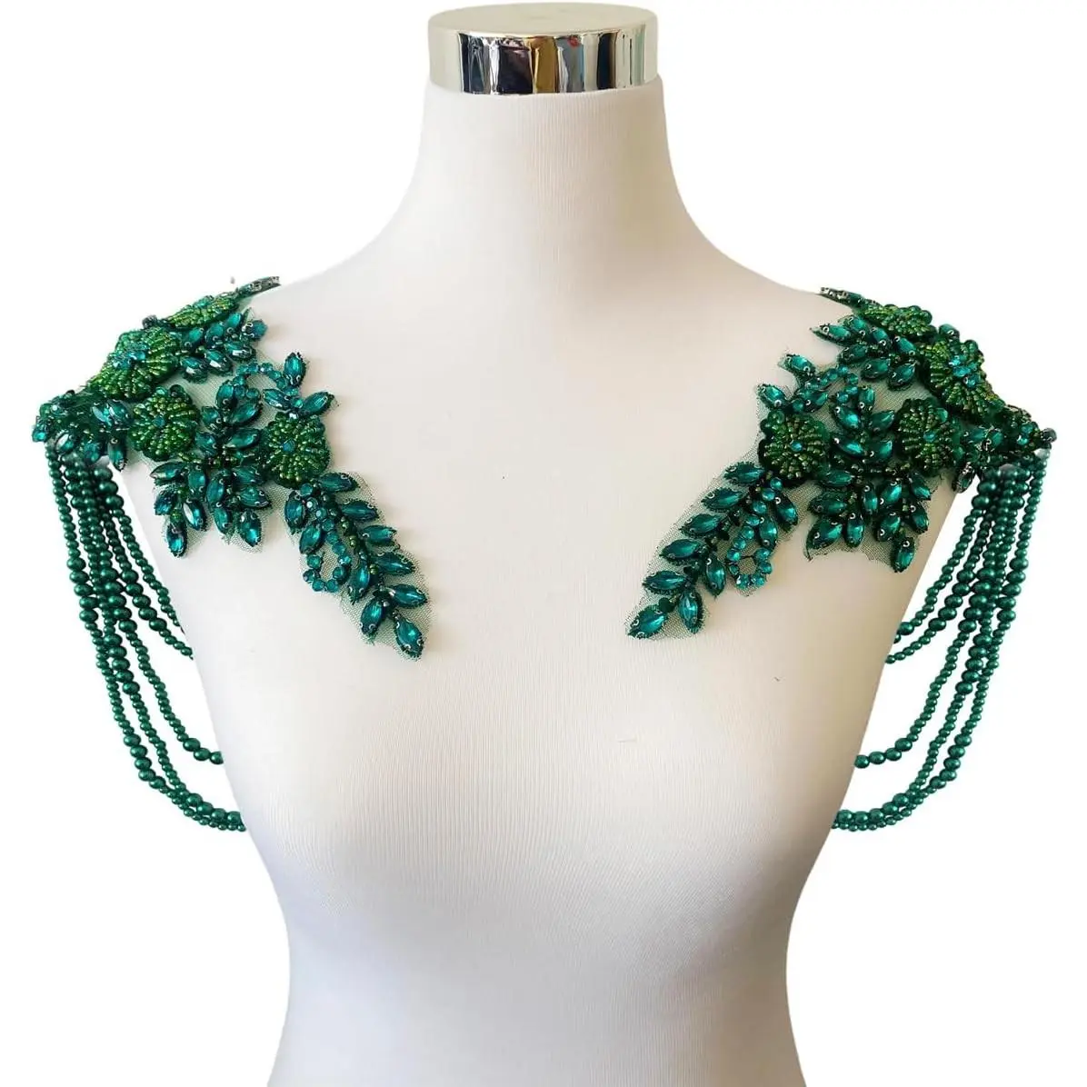 1 Pair Beaded Tassel Rhinestones Applique Embellishment for Clothes Epaulettes Shoulder Patches Sew-on Diamond Sequin Applique for Wedding Dress DIY Accessories (Deepgreen)