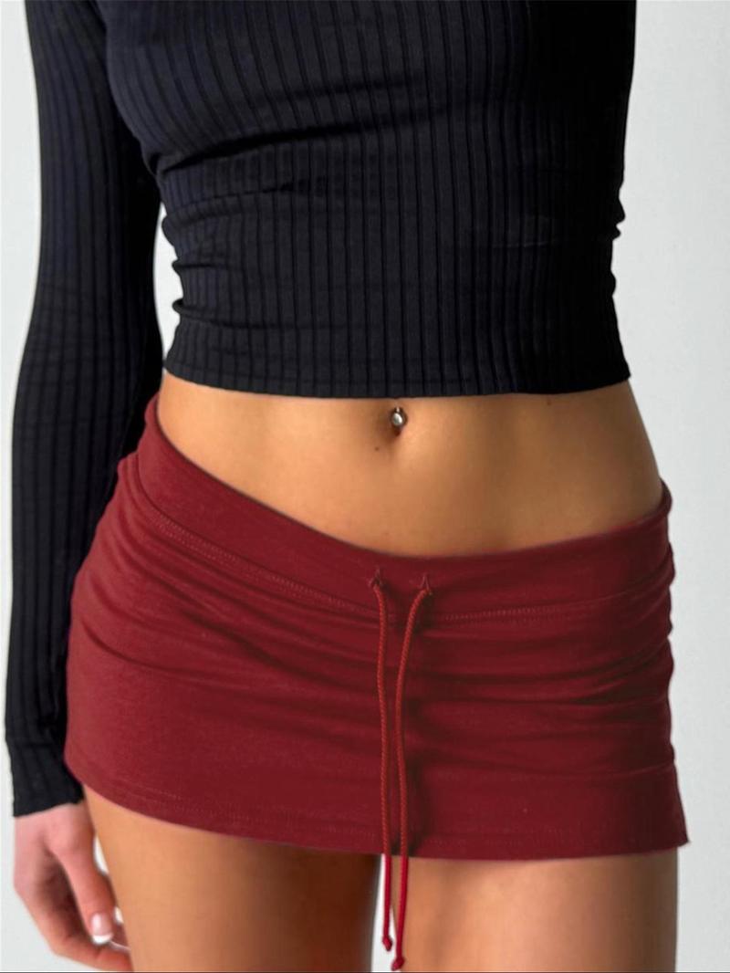 Women's Solid Drawstring Split Hem Skirt, Casual Fashionable Mini Skirt for Daily Wear, Ladies Bottoms for All Seasons