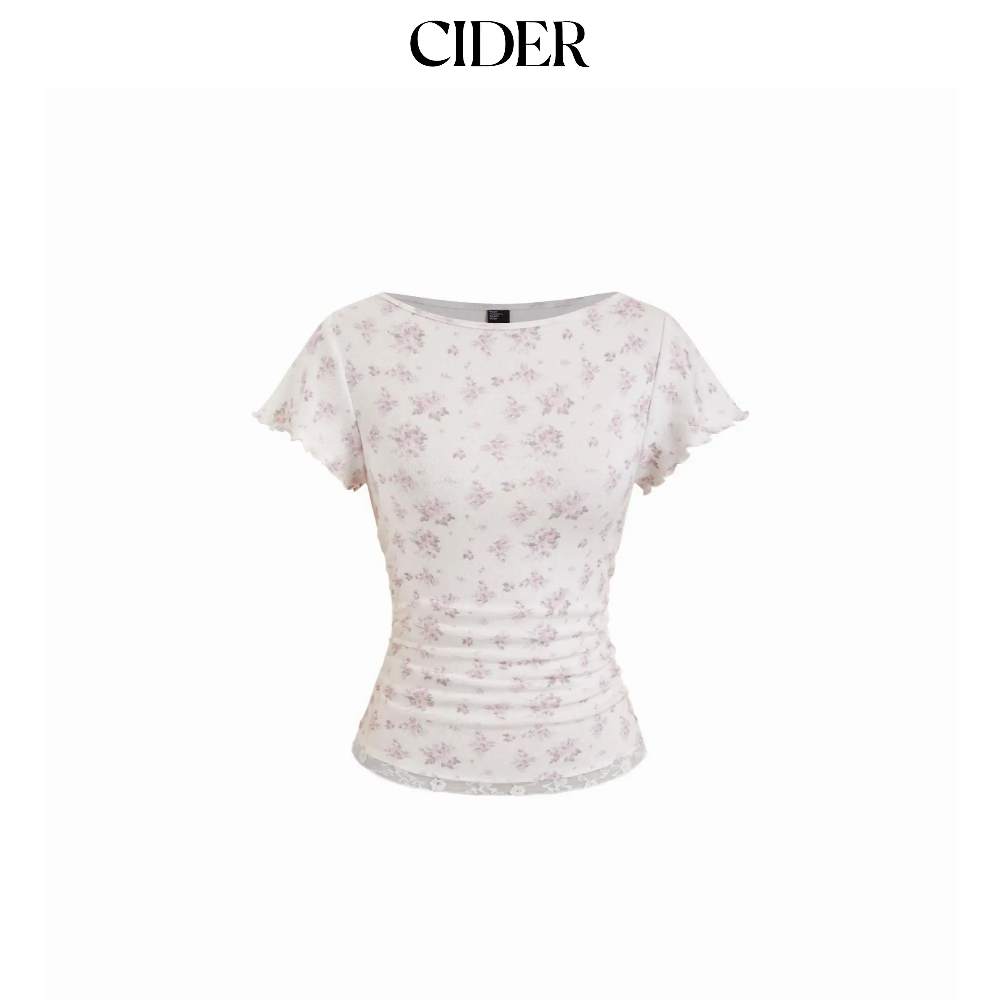 Cider Textured Floral Boat Neck Ruffle Sleeve Lace Trim Slim Tee