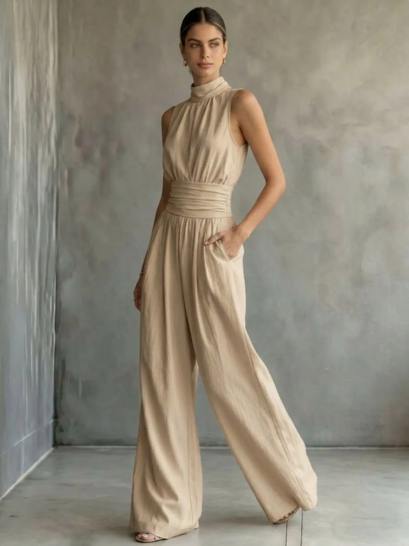 Women's Half High Neck Sleeveless Solid Color Wide Leg Romper, Spring Summer Fashion Casual Waist Belt Pocket Comfortable Romper, Daily Commute, Dating, Parties
