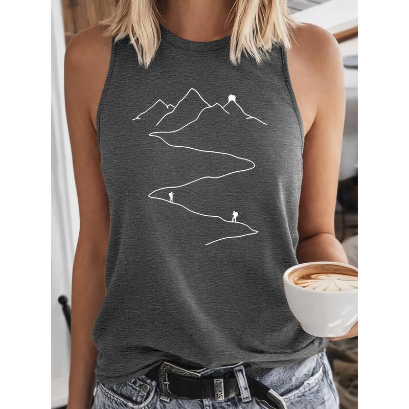 Women's Vintage Minimalist Printed Hiking Mountain Vest, Spring-Summer American Casual Fashion Crew Neck Top, Comfortable Breathable Day Wear Fits S-XXL