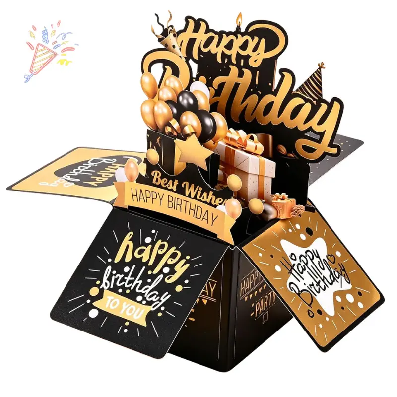 Stylish Black Gold 3D Pop Up Birthday Card Popout Happy Birthday Paper Card with Star Gift Decorations, Foldable Surprise Birthday Greeting Card, Ornate Craft Birthday Card as Thoughtful Birthday Party Gift